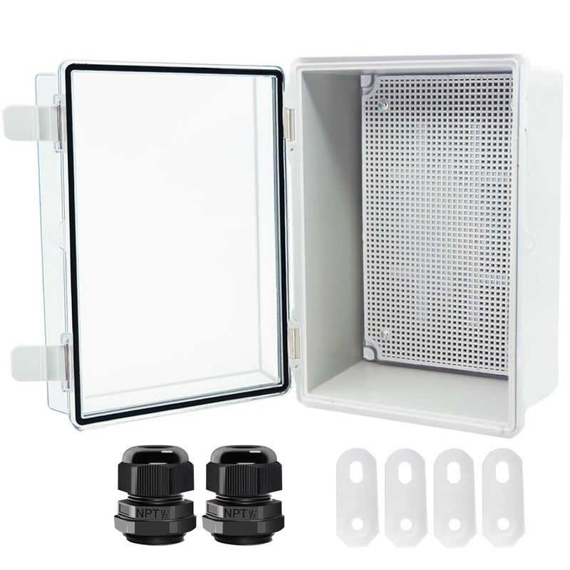 صندوق تقاطع Otdorpatio بغطاء شفاف hinged IP67 مقاوم للماء من ABS مع 2 NPT 12 غلاف كابل صندوق كهربائي مع لوحة تثبيت وحامل حائط 114 x 75 x 55 بوصة 290x190x140 مم
