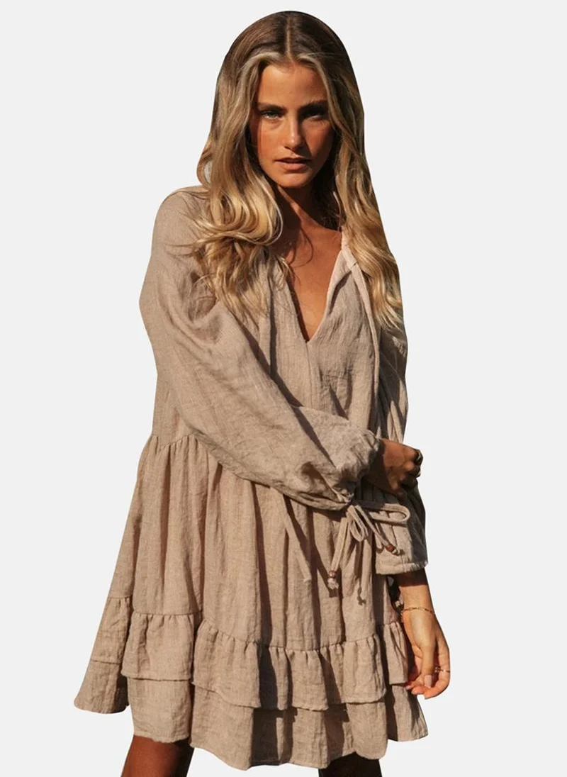 يونيكي Beige Fit & Flare V Neck Solid Dress