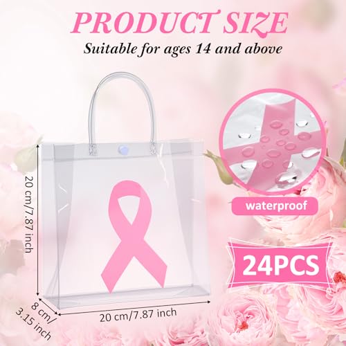 Gaillty 24 Pcs Pink Ribbon Breast Cancer Awareness Clear Gift Bags with Handles Clear Plastic Goodie Bags PVC Transparent Reusable Treat Handbags for Holiday Party Storage Organizer - Image 2