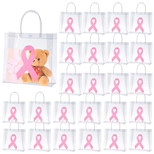 Gaillty 24 Pcs Pink Ribbon Breast Cancer Awareness Clear Gift Bags with Handles Clear Plastic Goodie Bags PVC Transparent Reusable Treat Handbags for Holiday Party Storage Organizer - Image 1