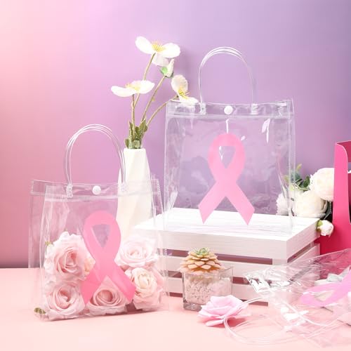 Gaillty 24 Pcs Pink Ribbon Breast Cancer Awareness Clear Gift Bags with Handles Clear Plastic Goodie Bags PVC Transparent Reusable Treat Handbags for Holiday Party Storage Organizer - Image 4