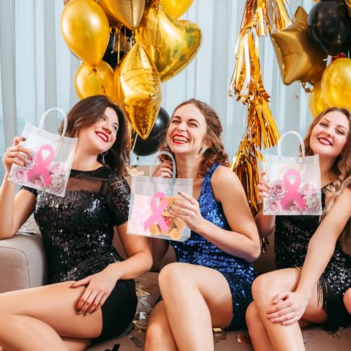 Gaillty 24 Pcs Pink Ribbon Breast Cancer Awareness Clear Gift Bags with Handles Clear Plastic Goodie Bags PVC Transparent Reusable Treat Handbags for Holiday Party Storage Organizer - Image 5