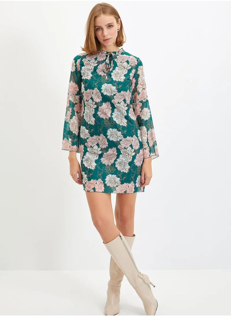 trendyol Tie Neck Floral Print Dress