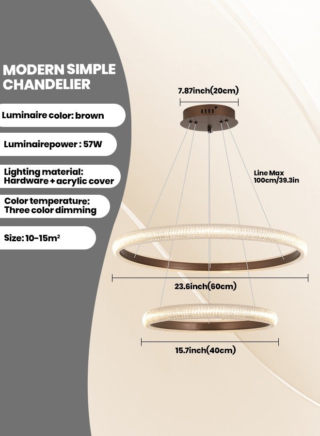 YATAI LIGHTING أدى الثريا الحديثة، التحكم عن بعد 2 حلقات البني أدى الثريا غرفة المعيشة 57w، أدى الإضاءة الثريا ارتفاع قابل للتعديل وdiy الثريا لاعبا اساسيا ضوء لغرفة المعيشة غرفة نوم بهو - Image 2