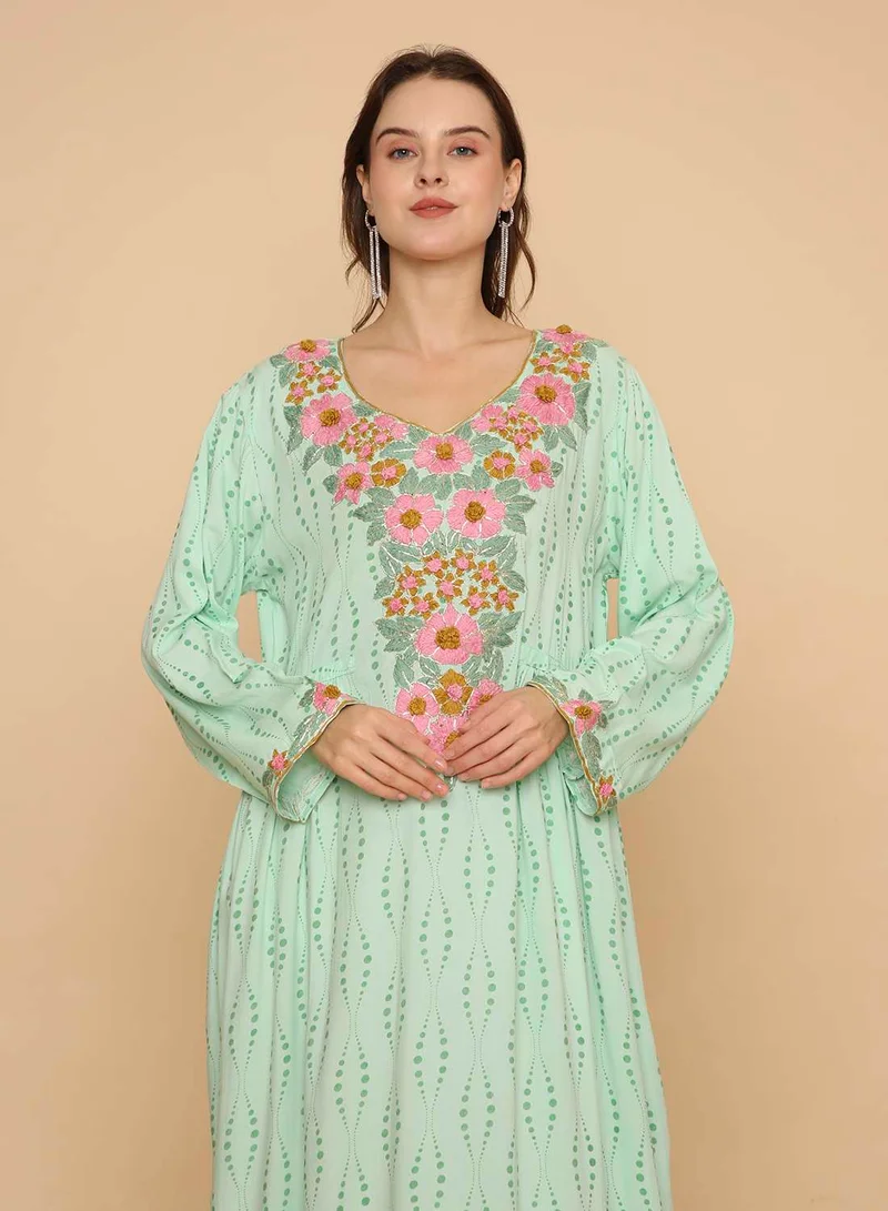 HANA & SARA Womens stylish long hand printed arabic kaftan jalabiya with high end unique embroidery design