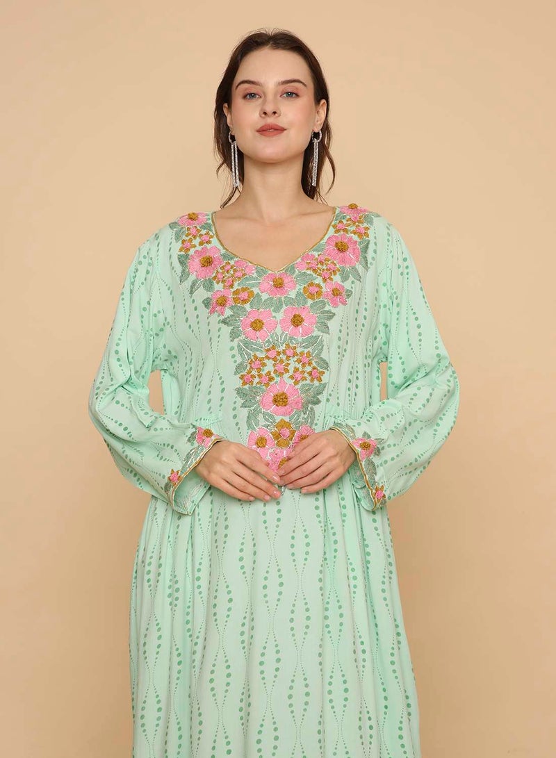 HANA & SARA Womens stylish long hand printed arabic kaftan jalabiya with high end unique embroidery design - Image 3