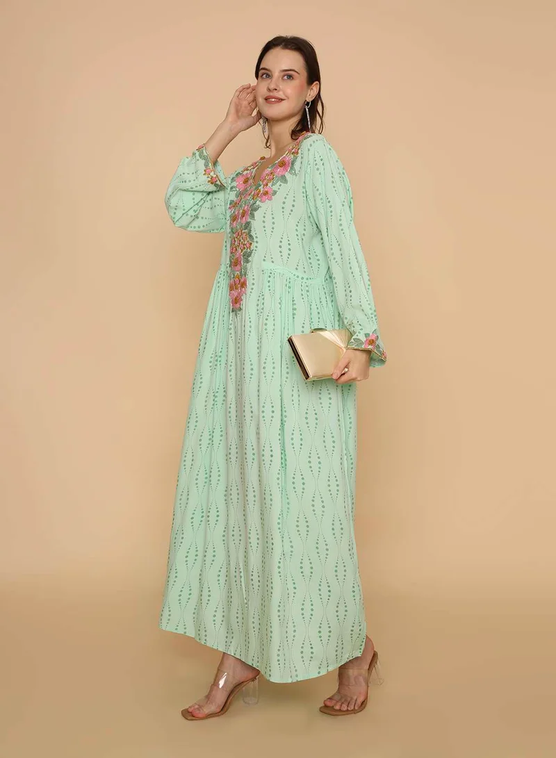 HANA & SARA Womens stylish long hand printed arabic kaftan jalabiya with high end unique embroidery design
