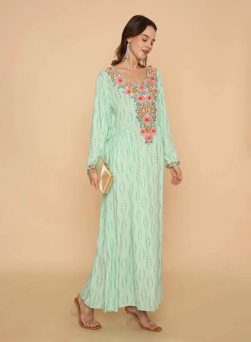 HANA & SARA Womens stylish long hand printed arabic kaftan jalabiya with high end unique embroidery design