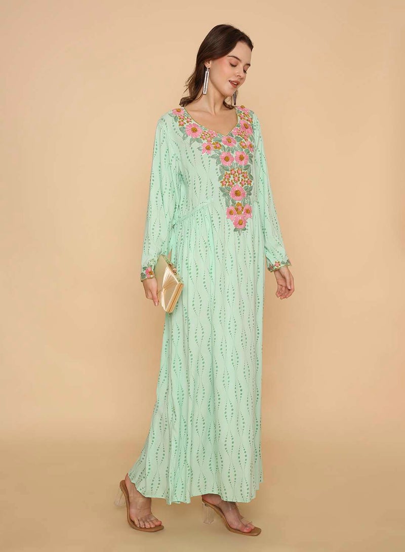 HANA & SARA Womens stylish long hand printed arabic kaftan jalabiya with high end unique embroidery design - Image 5
