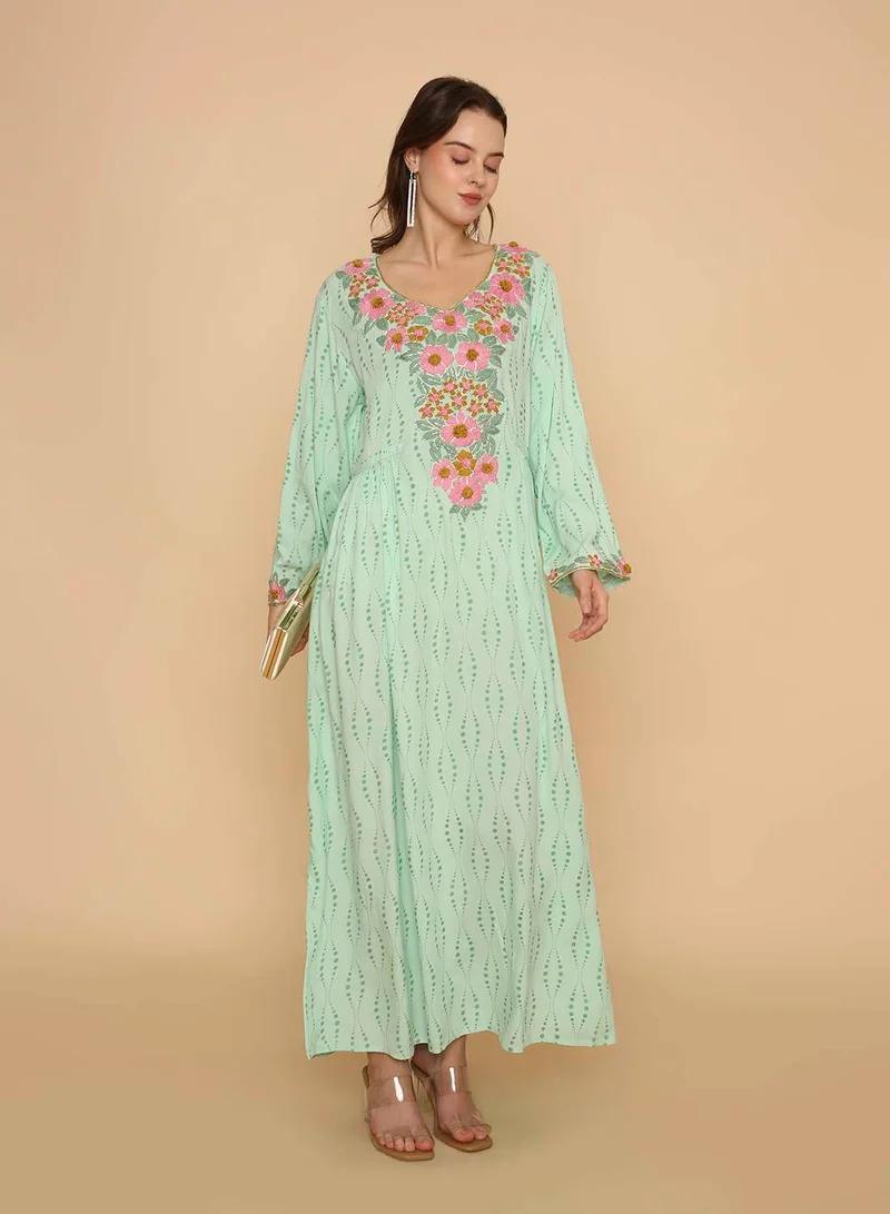 HANA & SARA Womens stylish long hand printed arabic kaftan jalabiya with high end unique embroidery design