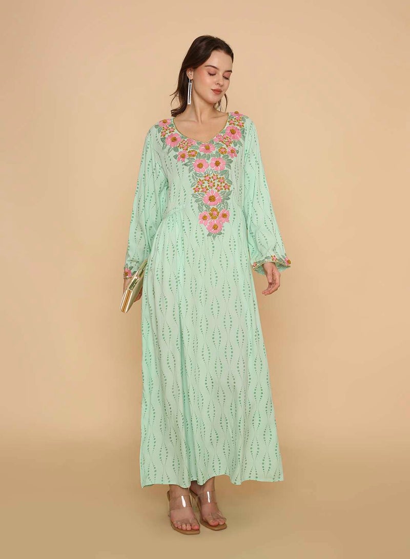 HANA & SARA Womens stylish long hand printed arabic kaftan jalabiya with high end unique embroidery design - Image 1