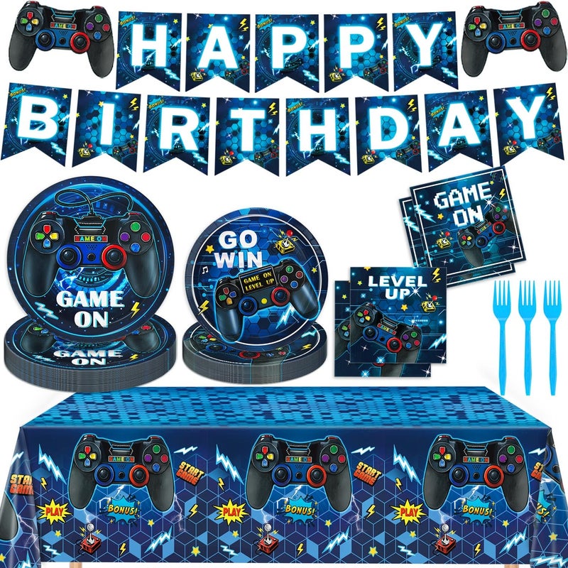 LINHAXM Video Game Birthday Decorations  Level Up Party Supplies Includes Plates  Napkins  Forks  Banner  Tablecloth For Boys Gamer Birthday Party Decorations  Serves 24 - Image 1