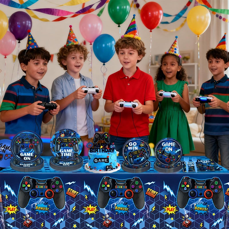 LINHAXM Video Game Birthday Decorations  Level Up Party Supplies Includes Plates  Napkins  Forks  Banner  Tablecloth For Boys Gamer Birthday Party Decorations  Serves 24 - Image 4