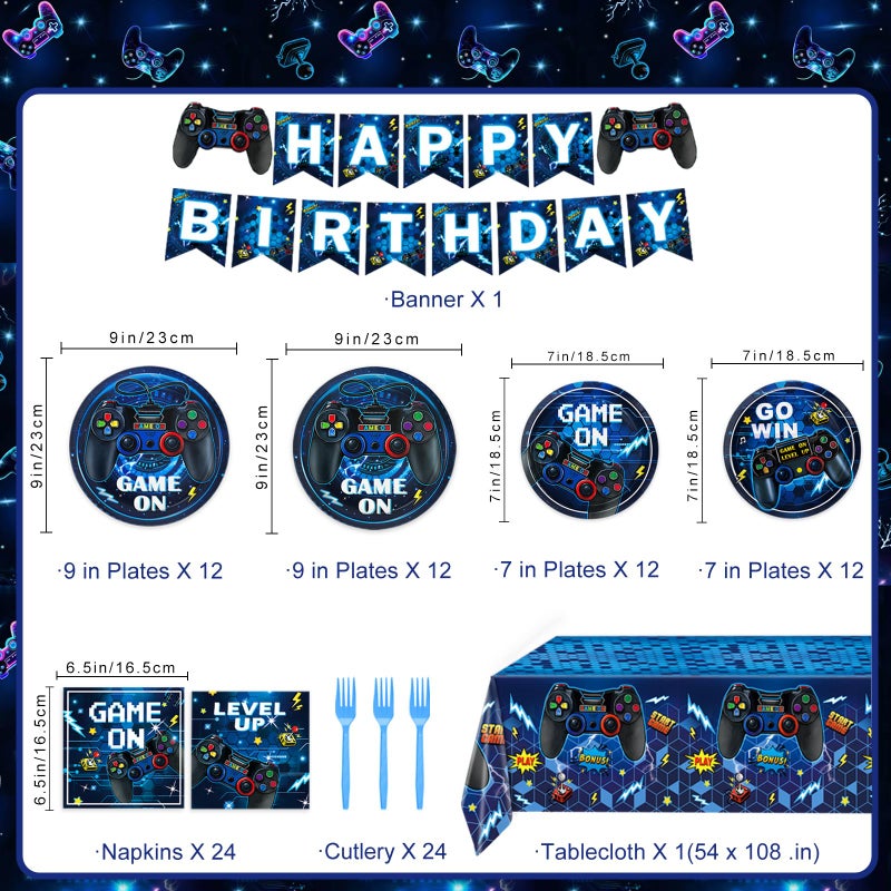 LINHAXM Video Game Birthday Decorations  Level Up Party Supplies Includes Plates  Napkins  Forks  Banner  Tablecloth For Boys Gamer Birthday Party Decorations  Serves 24 - Image 2