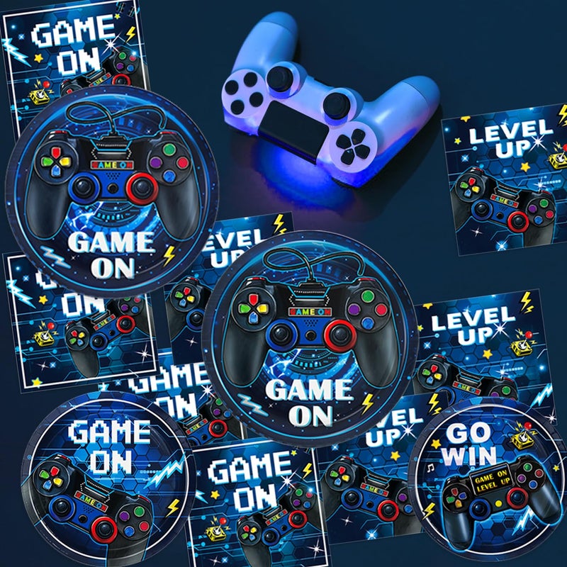 LINHAXM Video Game Birthday Decorations  Level Up Party Supplies Includes Plates  Napkins  Forks  Banner  Tablecloth For Boys Gamer Birthday Party Decorations  Serves 24 - Image 3