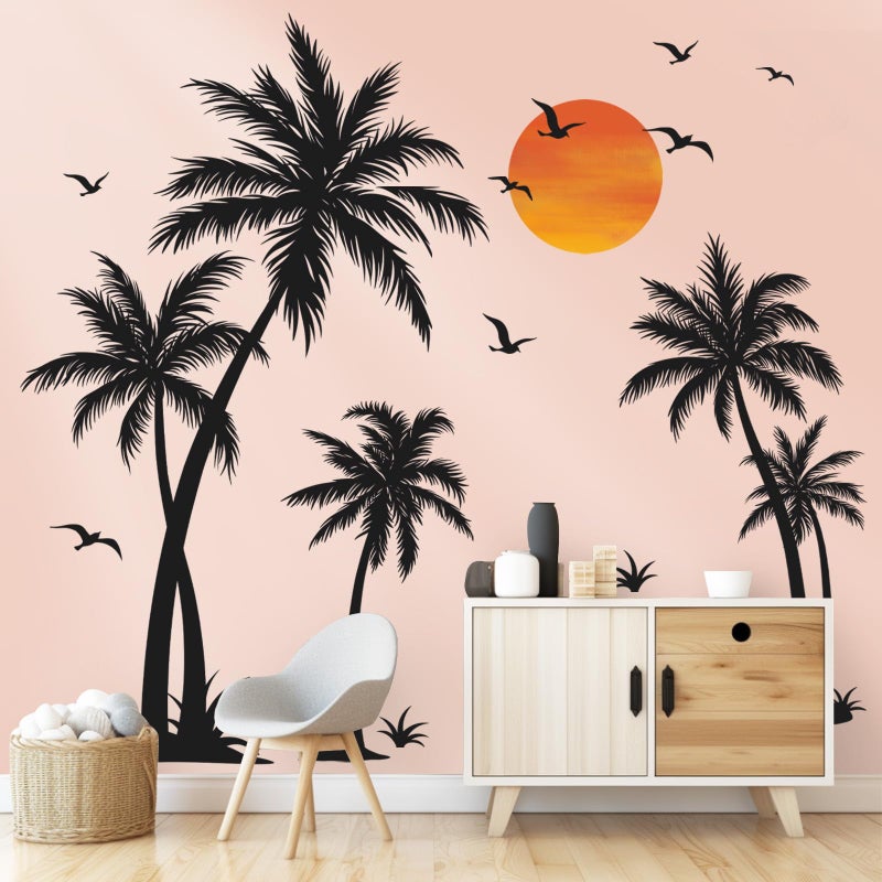 wondever Large Black Palm Tree Wall Stickers Tropical Tree Plants Birds Peel and Stick Wall Art Decals for Living Room Bedroom TV Background H 53 inch - Image 2