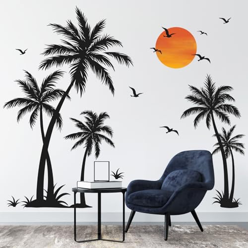 wondever Large Black Palm Tree Wall Stickers Tropical Tree Plants Birds Peel and Stick Wall Art Decals for Living Room Bedroom TV Background H 53 inch - Image 3