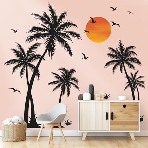 wondever Large Black Palm Tree Wall Stickers Tropical Tree Plants Birds Peel and Stick Wall Art Decals for Living Room Bedroom TV Background H 53 inch - Image 1