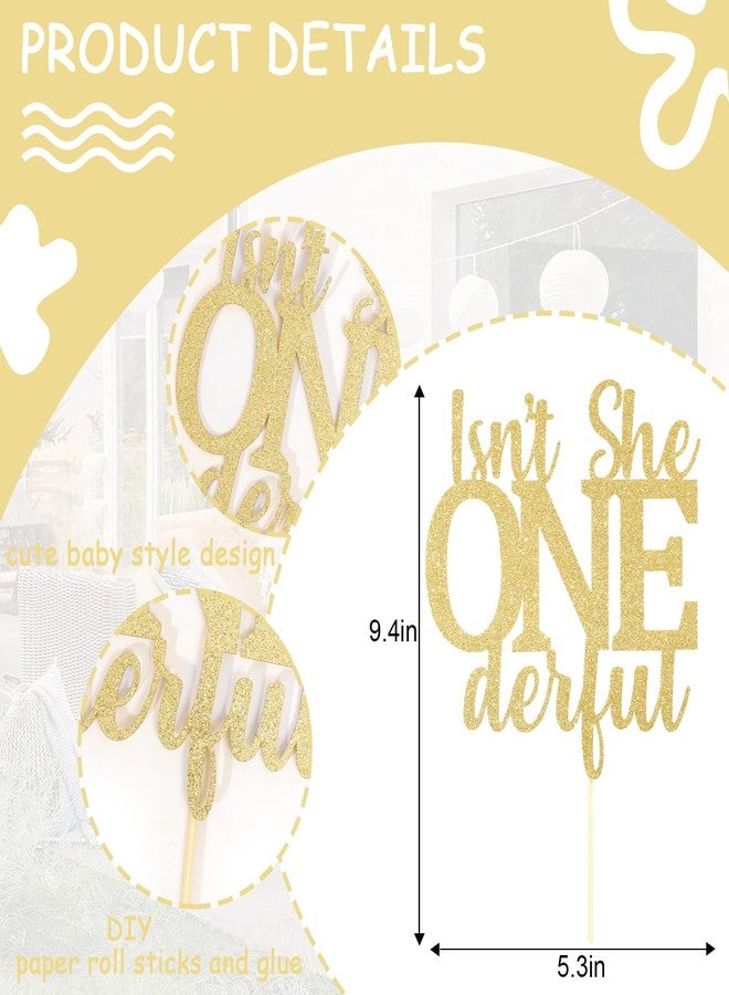 HIKLO Isn't She Onederful Cake Topper - Miss Onederful Birthday Cake Topper, Gold Glitter First Birthday Party Cake Pick, First Birthday Party Supplies, Gift for girls - Image 2