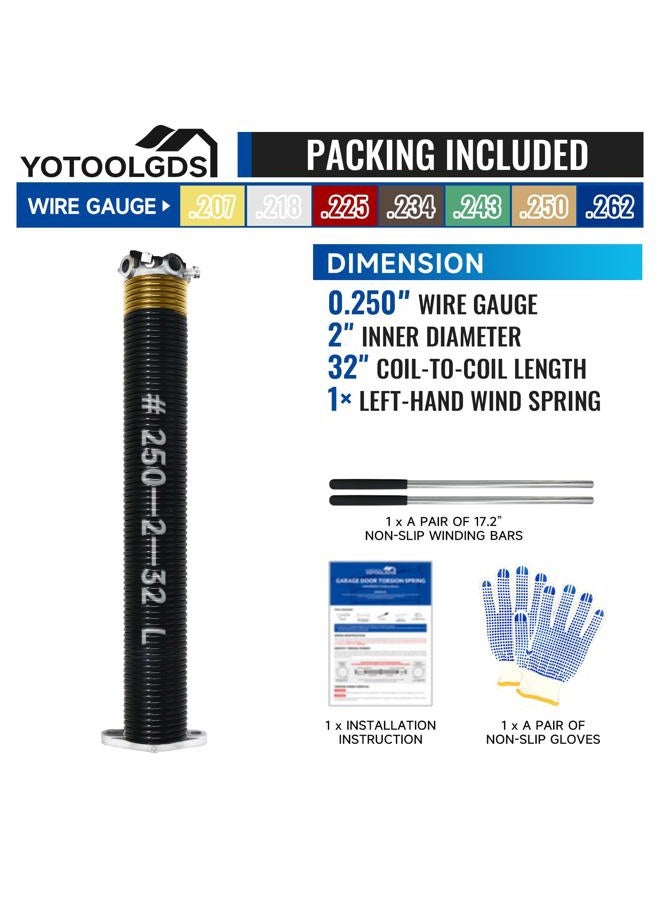 YoToolGDS Left Hand Wind（Black Cone）2" Garage Door Torsion Spring with Non-Slip Winding Bars & Gloves, High Precision Electrophoresis Black Coated, for Replacement, MIN 16,000 Cycles (0.250x2''x32'') - Image 2