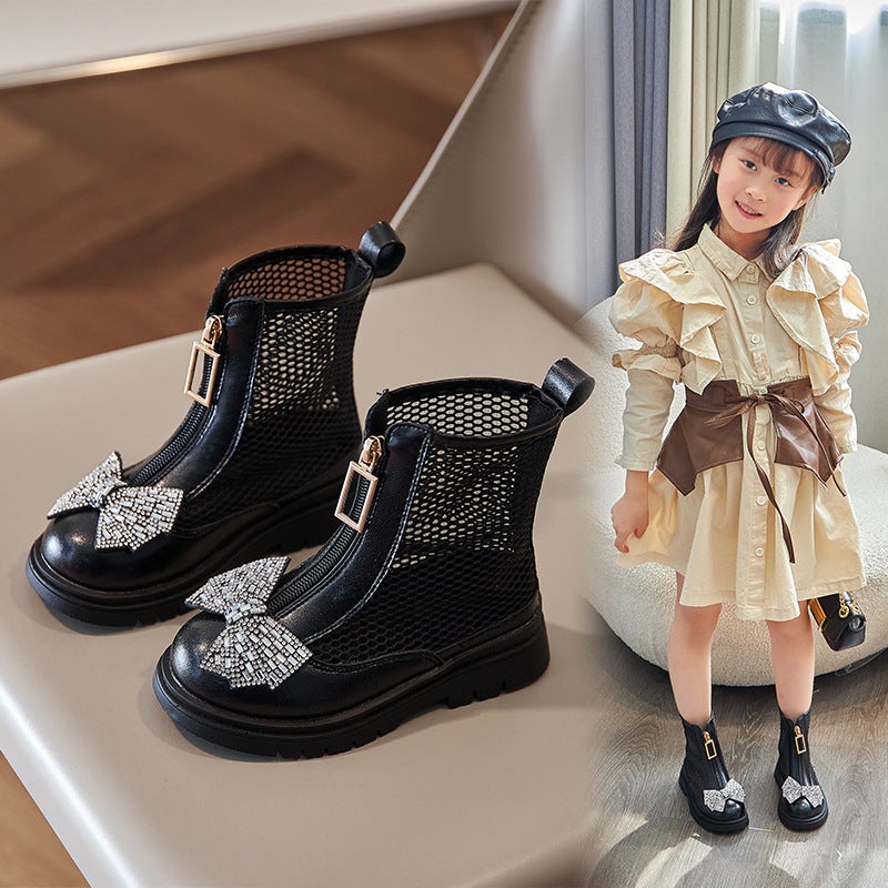 Girls' Mesh Boots 2023 Summer Style Ultra-Thin Mesh Cut Out Comfortable Bow Medium And Large Kidsren'S Princess Sandals For Kidsren - Image 2