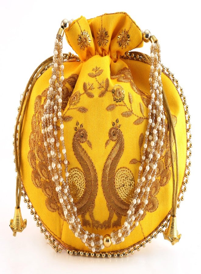 SUMERA WARQ Women's, Girl's Dual Peacock Work Potli Hand Bag (yallow) - Image 1