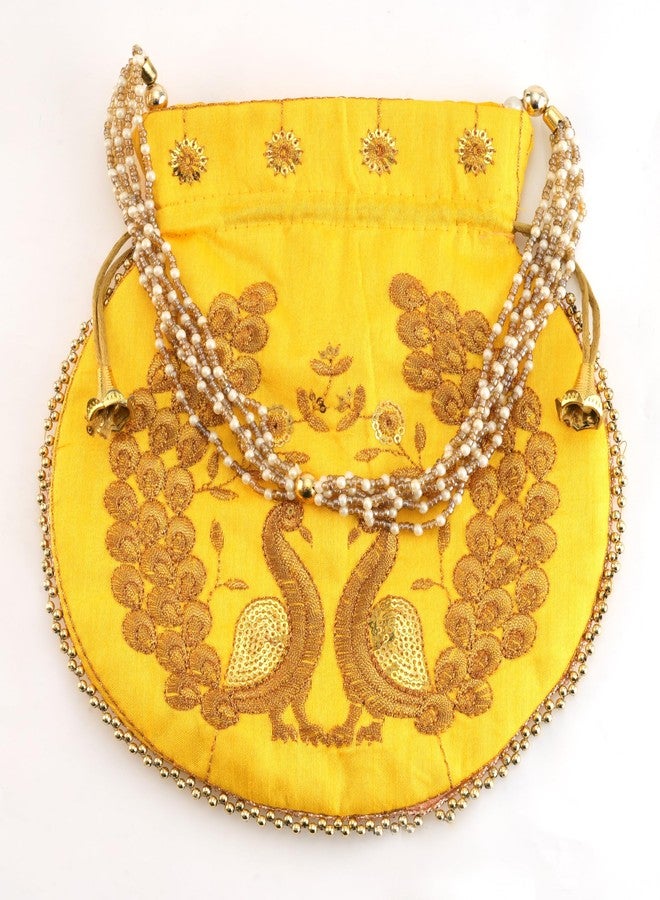 SUMERA WARQ Women's, Girl's Dual Peacock Work Potli Hand Bag (yallow) - Image 4