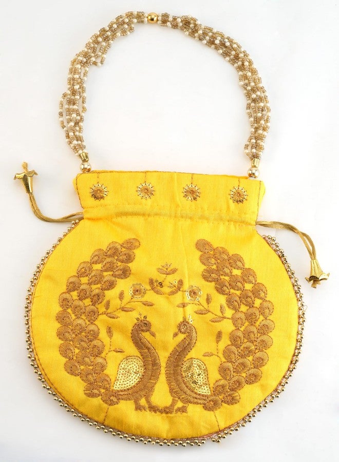 SUMERA WARQ Women's, Girl's Dual Peacock Work Potli Hand Bag (yallow) - Image 3
