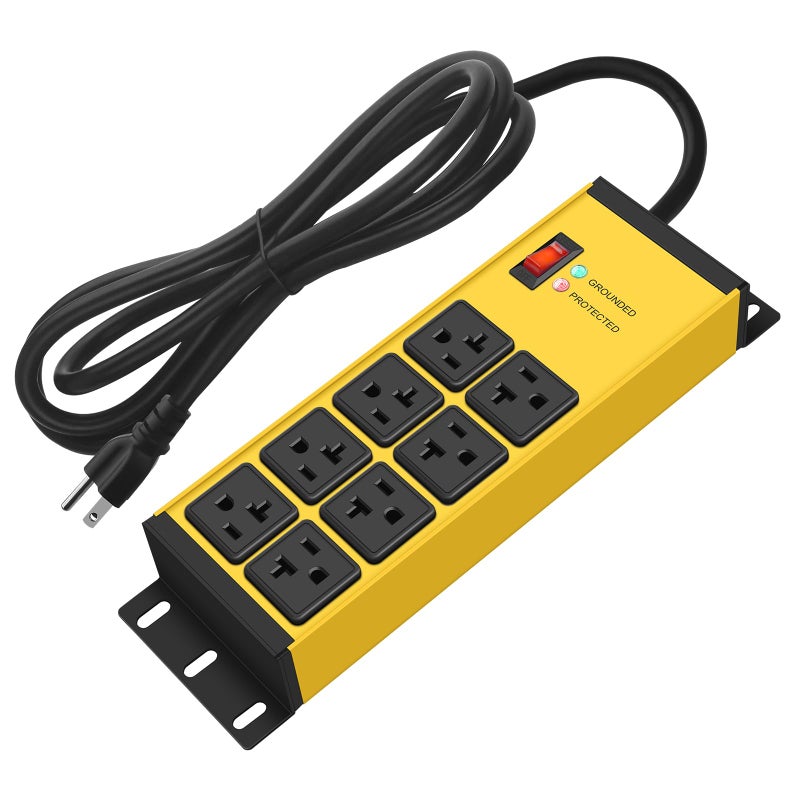 CCCEI Magnetic Heavy Duty Power Strip Surge Protector 20Amp, 12 Gauge High Amp Extension Outlets, Garage Wall Mount 8 Plug Metal Power Strip. 6FT, Yellow, 5-15P Adapter 6-20R T-Slot 20a for Appliance - Image 1