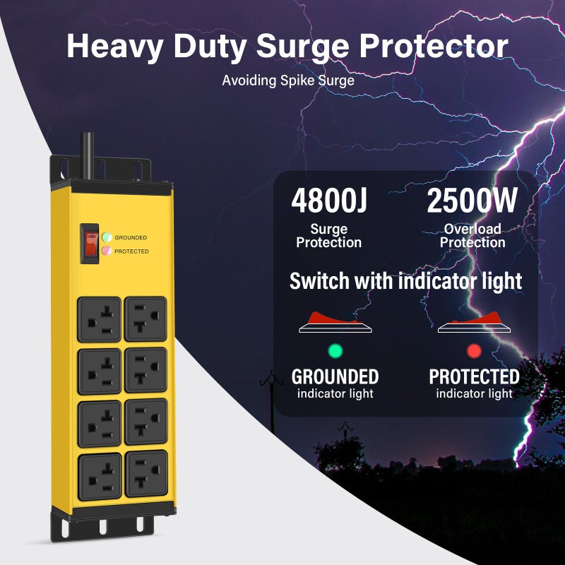 CCCEI Magnetic Heavy Duty Power Strip Surge Protector 20Amp, 12 Gauge High Amp Extension Outlets, Garage Wall Mount 8 Plug Metal Power Strip. 6FT, Yellow, 5-15P Adapter 6-20R T-Slot 20a for Appliance - Image 2