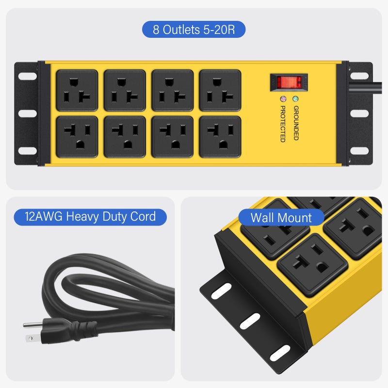 CCCEI Magnetic Heavy Duty Power Strip Surge Protector 20Amp, 12 Gauge High Amp Extension Outlets, Garage Wall Mount 8 Plug Metal Power Strip. 6FT, Yellow, 5-15P Adapter 6-20R T-Slot 20a for Appliance - Image 3