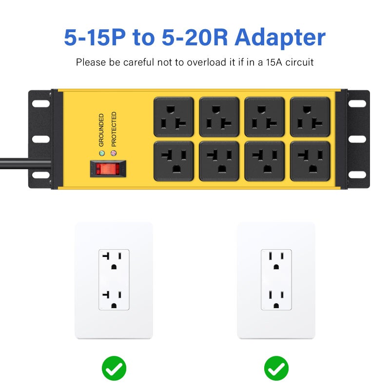 CCCEI Magnetic Heavy Duty Power Strip Surge Protector 20Amp, 12 Gauge High Amp Extension Outlets, Garage Wall Mount 8 Plug Metal Power Strip. 6FT, Yellow, 5-15P Adapter 6-20R T-Slot 20a for Appliance - Image 5