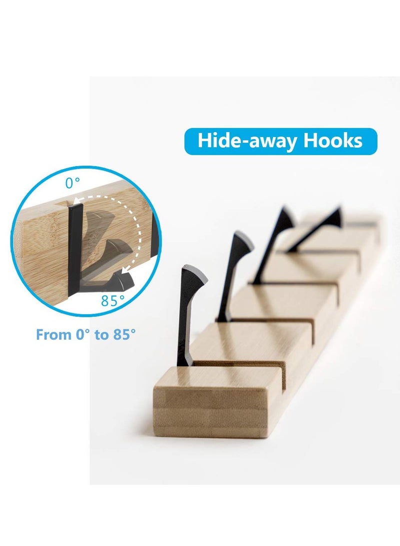SOLARAE Wooden Coat Rack with Retractable Hooks, Wall-Mounted Floating Hat Rack, Space-Saving 5 Folding Hooks, Ideal for Entryway, Hallway, Bathroom, Living Room, Bedroom, Adhesive & Wall Mounted Towel Rack - Image 2