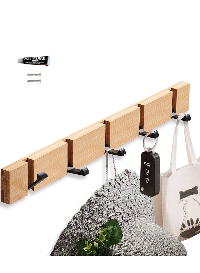 SOLARAE Wooden Coat Rack with Retractable Hooks, Wall-Mounted Floating Hat Rack, Space-Saving 5 Folding Hooks, Ideal for Entryway, Hallway, Bathroom, Living Room, Bedroom, Adhesive & Wall Mounted Towel Rack - Image 1