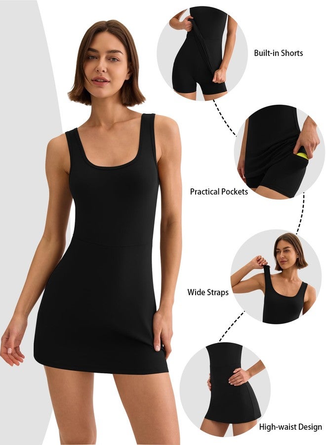 DLOODA Womens Athletic Dress, Mini Tennis Dress U Neck Sleeveless Built in Shorts with Pockets Golf Outfits for Workout Black - Image 5