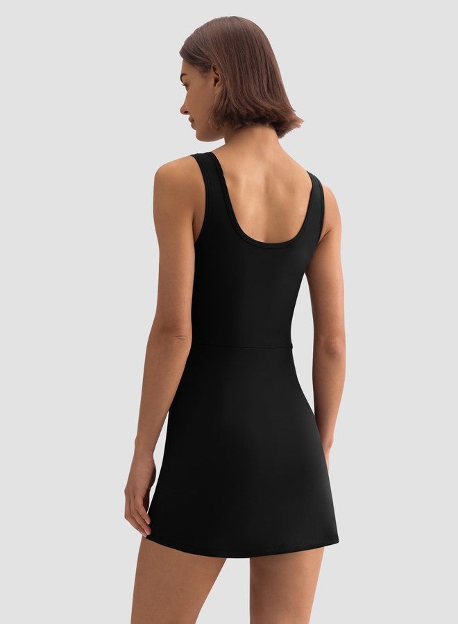 DLOODA Womens Athletic Dress, Mini Tennis Dress U Neck Sleeveless Built in Shorts with Pockets Golf Outfits for Workout Black - Image 2