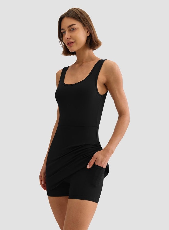DLOODA Womens Athletic Dress, Mini Tennis Dress U Neck Sleeveless Built in Shorts with Pockets Golf Outfits for Workout Black - Image 4