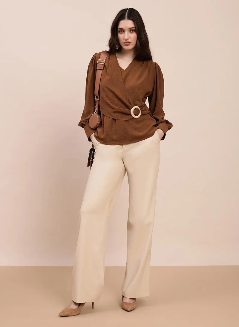 globus Globus Women Brown V-Neck Cuff Sleeves Self Design Buckle Detail Workwear Top