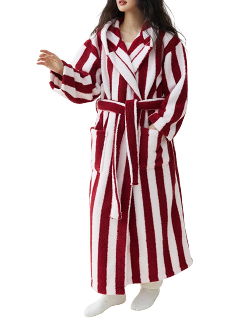 Yimoon Womens Fluffy Fuzzy Hooded Robe Striped Plush Long Bathrobes Thick Warm Soft House Coat Loungewear(Red-L) - Image 1