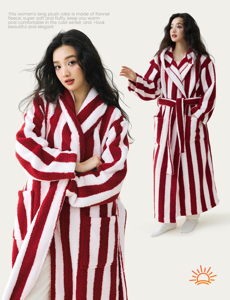 Yimoon Womens Fluffy Fuzzy Hooded Robe Striped Plush Long Bathrobes Thick Warm Soft House Coat Loungewear(Red-L) - Image 4