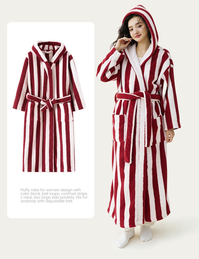 Yimoon Womens Fluffy Fuzzy Hooded Robe Striped Plush Long Bathrobes Thick Warm Soft House Coat Loungewear(Red-L) - Image 5