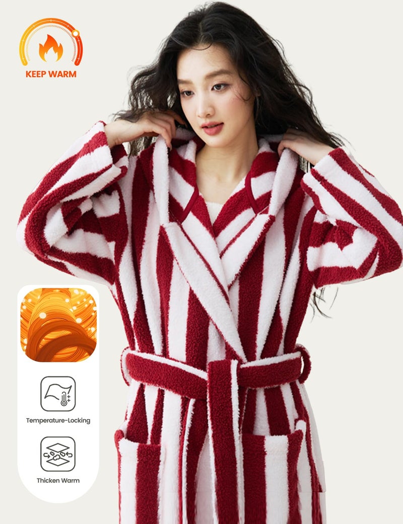 Yimoon Womens Fluffy Fuzzy Hooded Robe Striped Plush Long Bathrobes Thick Warm Soft House Coat Loungewear(Red-L) - Image 2