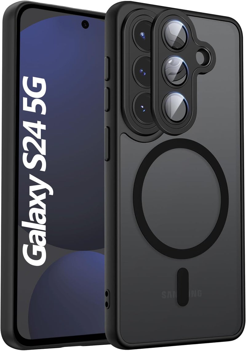 Elzzi Magnetic for Samsung S24 5g Case, Upgraded [Full Camera Protection] [Compatible with Magsafe] [Translucent Matte] Shockproof Protective Phone Case for Men & Women - Black - Image 1