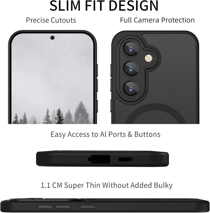 Elzzi Magnetic for Samsung S24 5g Case, Upgraded [Full Camera Protection] [Compatible with Magsafe] [Translucent Matte] Shockproof Protective Phone Case for Men & Women - Black - Image 2