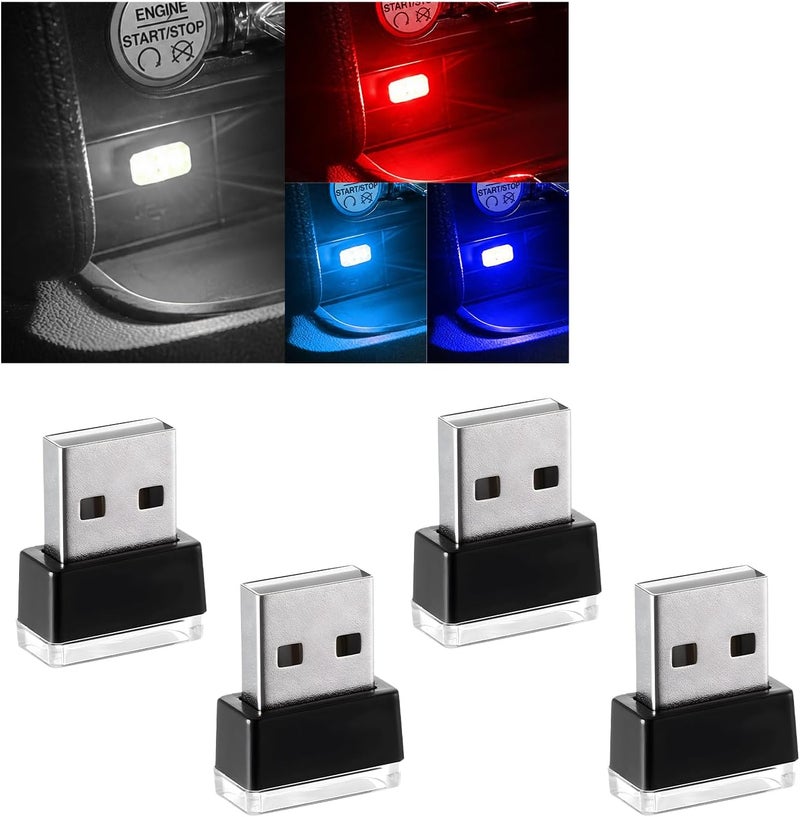 Augeny 4 PCS USB LED Car Interior Atmosphere Lamp, Plug-in USB Decor Night Light, Portable Auto Ambient Lighting Kit, Universal Vehicle Interior Accessories for Most Cars (White+Red+Blue+Ice Blue) - Image 1