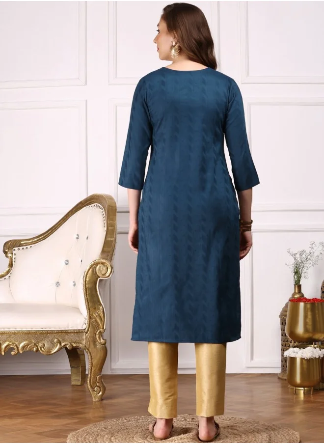 آي شين Aline Fit Self Design Pattern V-Neck Neck Three-Quarter Sleeves Navy Colour Woven Cotton Kurtas for Women with Semi Elastic Closure - Perfect for your Festive Celebrations