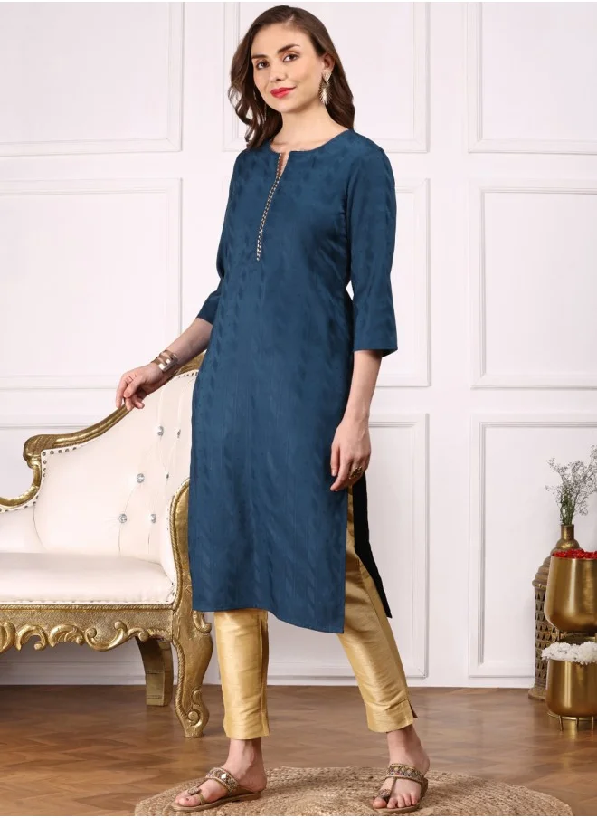 آي شين Aline Fit Self Design Pattern V-Neck Neck Three-Quarter Sleeves Navy Colour Woven Cotton Kurtas for Women with Semi Elastic Closure - Perfect for your Festive Celebrations