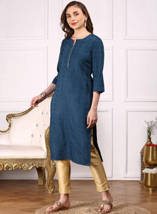 ISHIN Women's Navy 100% Cotton Self Design A-Line Kurta