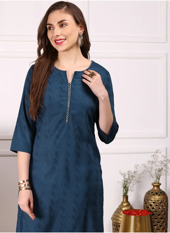 ISHIN Aline Fit Self Design Pattern V-Neck Neck Three-Quarter Sleeves Navy Colour Woven Cotton Kurtas for Women with Semi Elastic Closure - Perfect for your Festive Celebrations