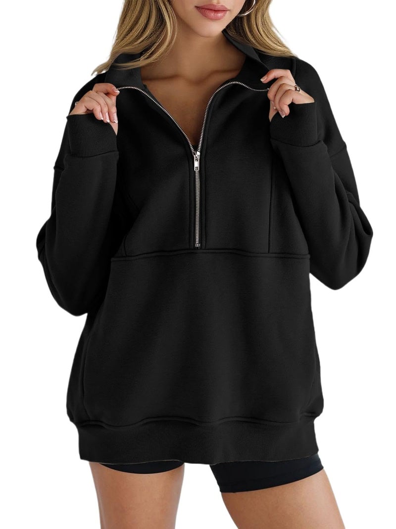 Fisoew Women's Half Zip Sweatshirts Fleece Stand Collar Long Sleeve Thumb Hole Oversized Pullovers with Pockets Black - Image 1